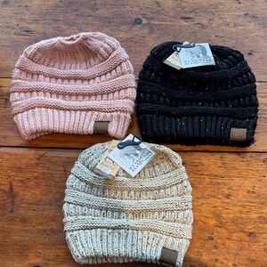 NWT C.C Cozy Knit Ponytail/Messy Bun Beanie Trio - Pink, Black, Tan